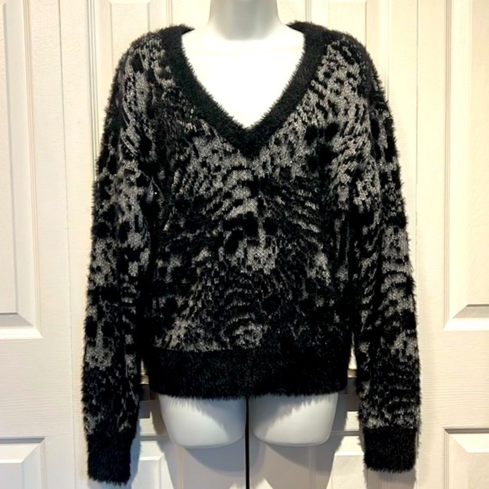 7 For All Mankind Black/Grey Jacquard‎ Knit V-Neck Sweater Size XS
